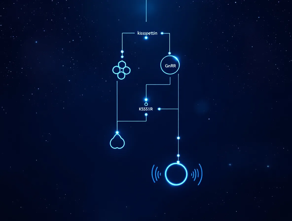 A vertical four-node signal cascade from a kisspeptin-receptor glyph down through a neuron and a gland node to a terminal steroid ring, in signal-blue on indigo-night